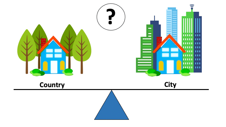 An illustration of a house in the city and a house in the country on a balance beam