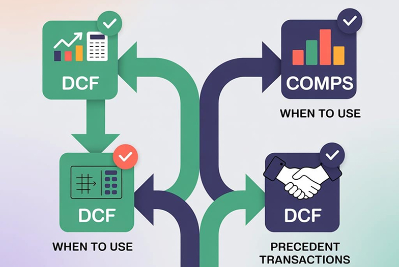 DCF to multiples bridge showing when to use a DCF, comps or precedent transactions