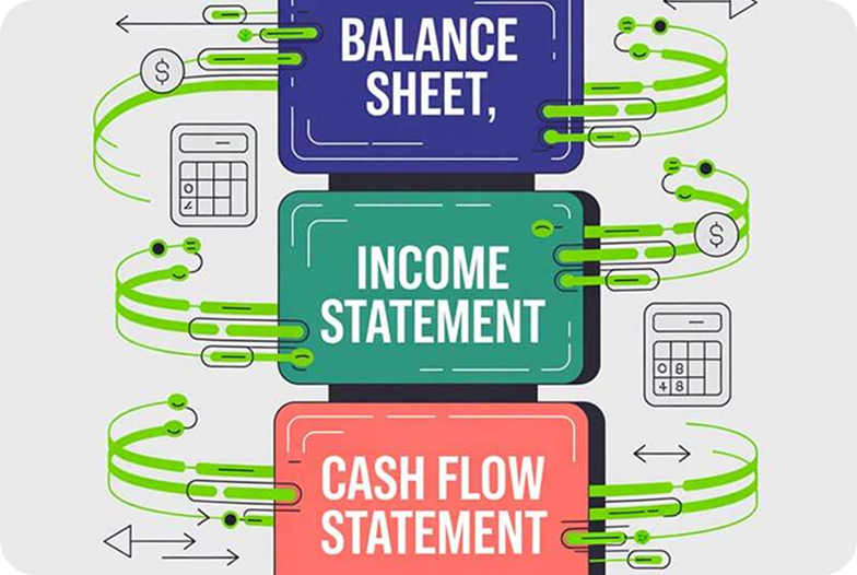 Three statement connection map linking the balance sheet, income statement and cash flow statement