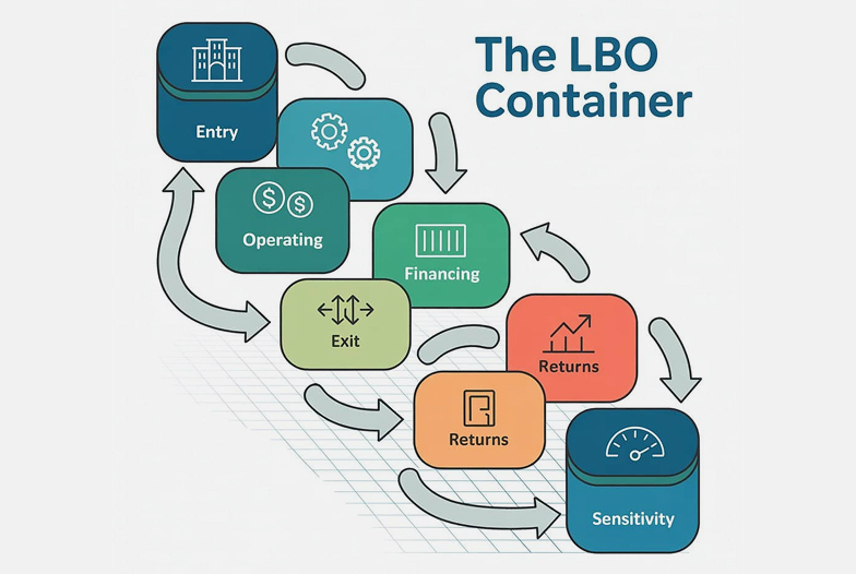 The LBO Container diagram walking through the six steps of an LBO