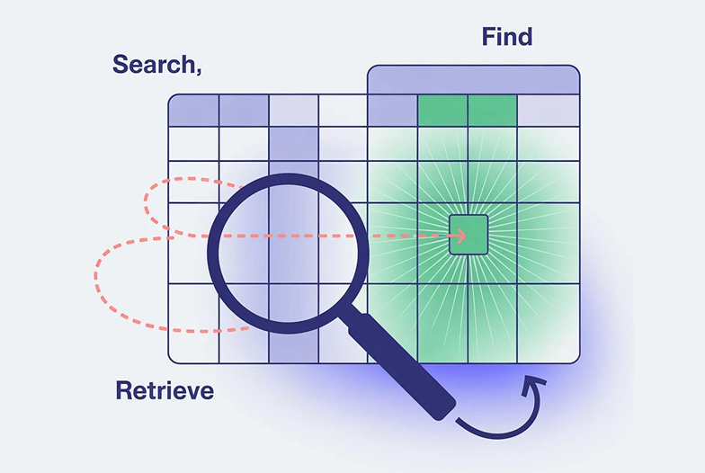 Excel function logic shown as search, find and retrieve across a grid
