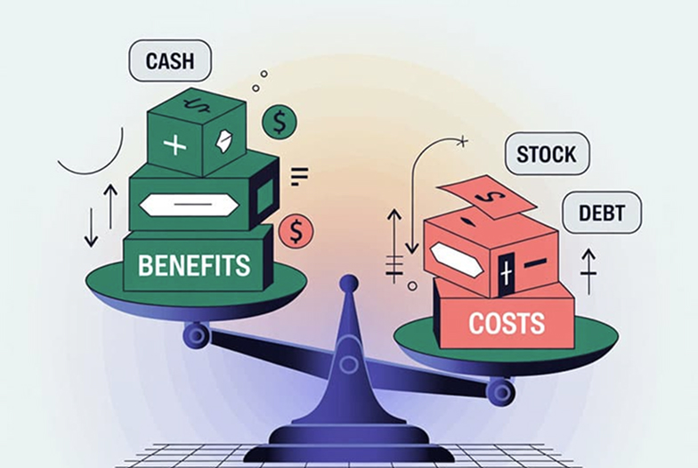 Sources and uses and gain or loss framework, shown as a scale weighing benefits against costs