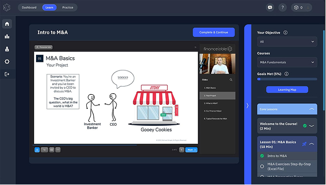 Intro to M&A lesson in the Financeable player with an animated video, instructor and course outline