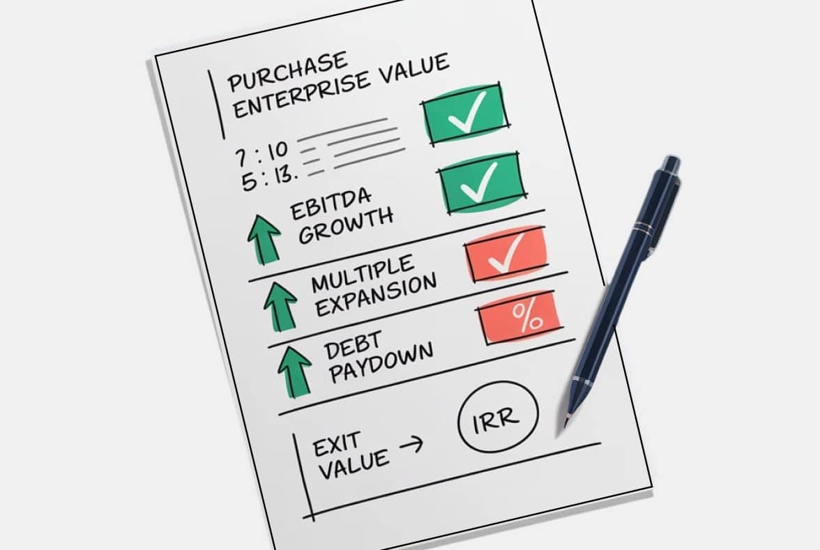 Paper LBO checklist from purchase enterprise value through EBITDA growth to exit value
