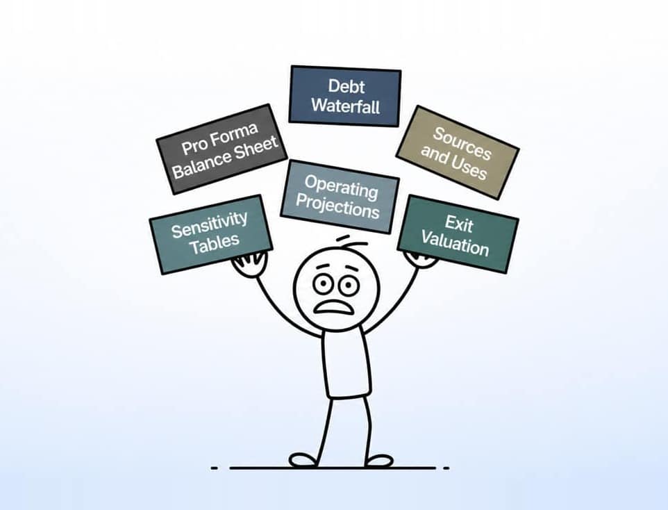 Stick figure holding up a pile of course modules, showing information overload