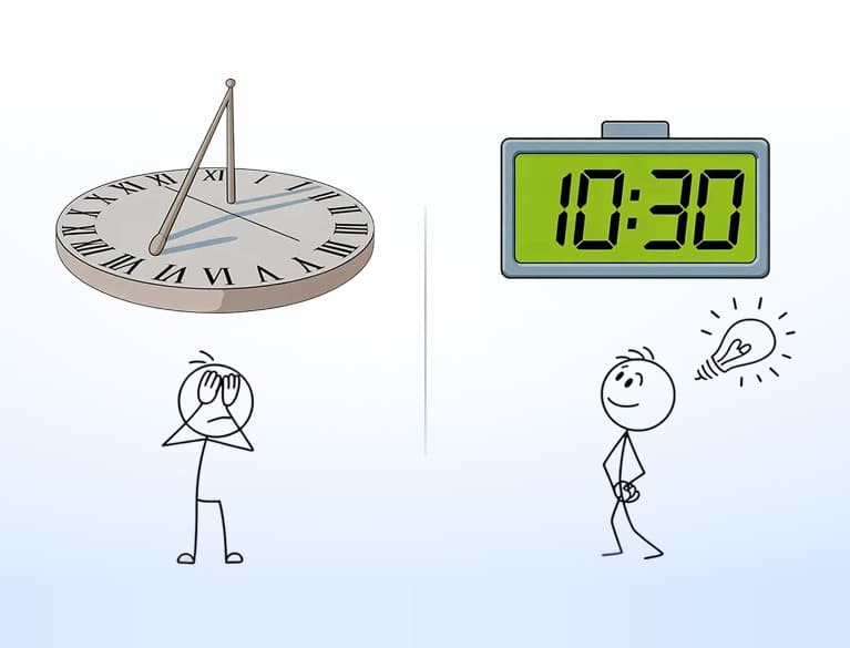 Sundial and digital clock side by side, showing how static, outdated content lags behind real IB interviews