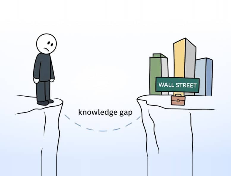 Stick figure on a cliff facing a knowledge gap between school and Wall Street banks