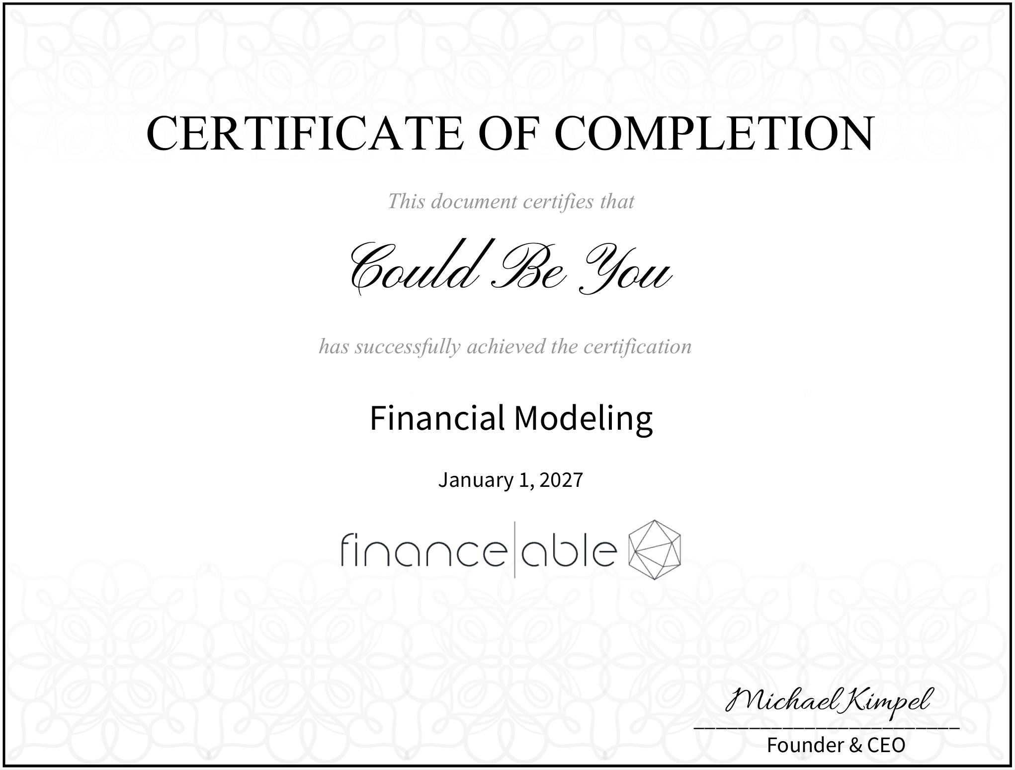 Sample Financeable Certificate of Completion: Financial Modeling