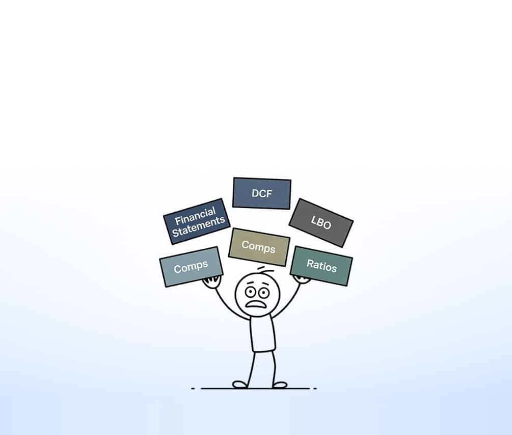 Stick figure holding up a pile of course modules, showing information overload