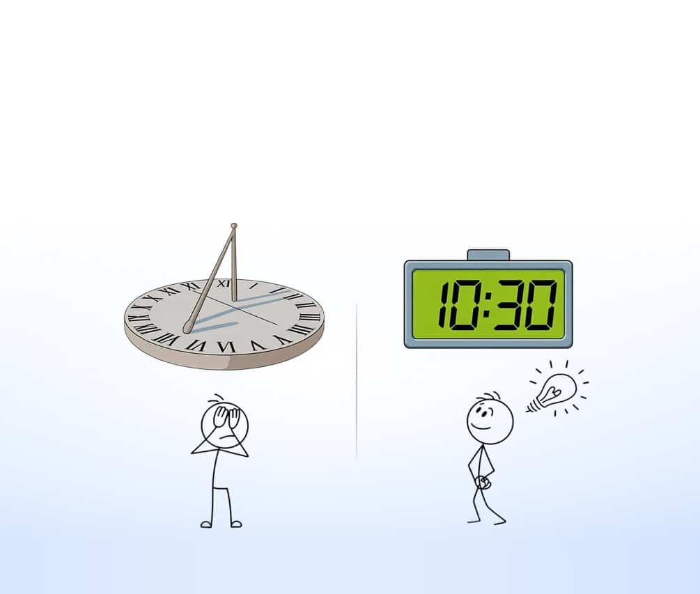 Sundial and digital clock side by side, showing how static, outdated content lags behind real IB interviews