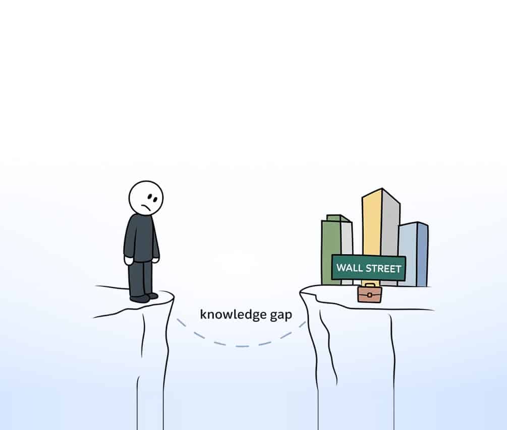 Stick figure on a cliff facing a knowledge gap between school and Wall Street banks